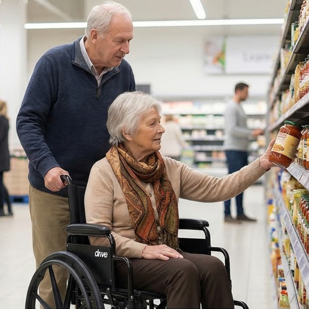 Lifestyle shot of a caregiver comfortably pushing a senior woman indoors using the Cruiser X4 wheelchair.